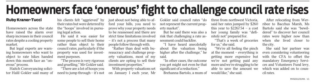 Haitch Conveyancing solicitor Halil Gokler spoke to the Herald Sun about Victorian council rate increases and the property valuation objection process.